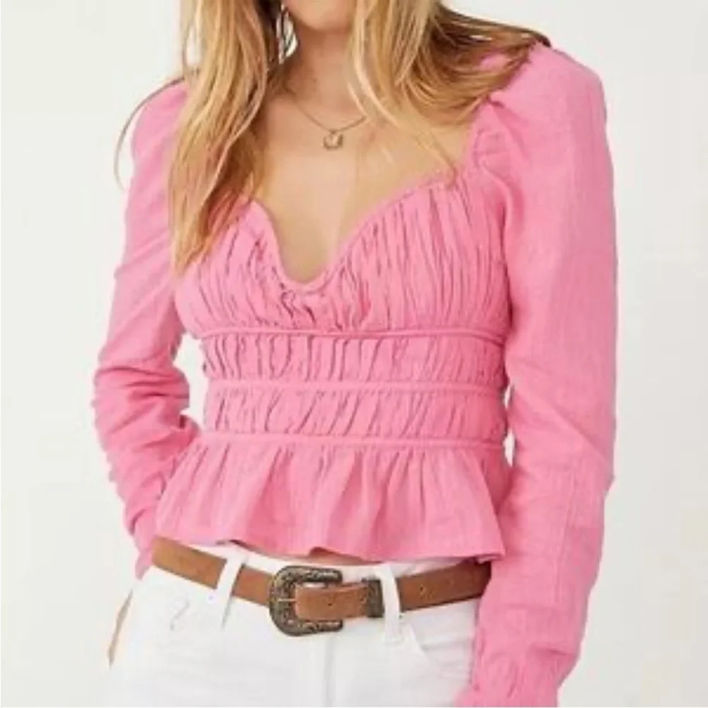 NWT Free People Chloe Pink Smocked Tie Back Blouse Puff Sleeve Crop Top S